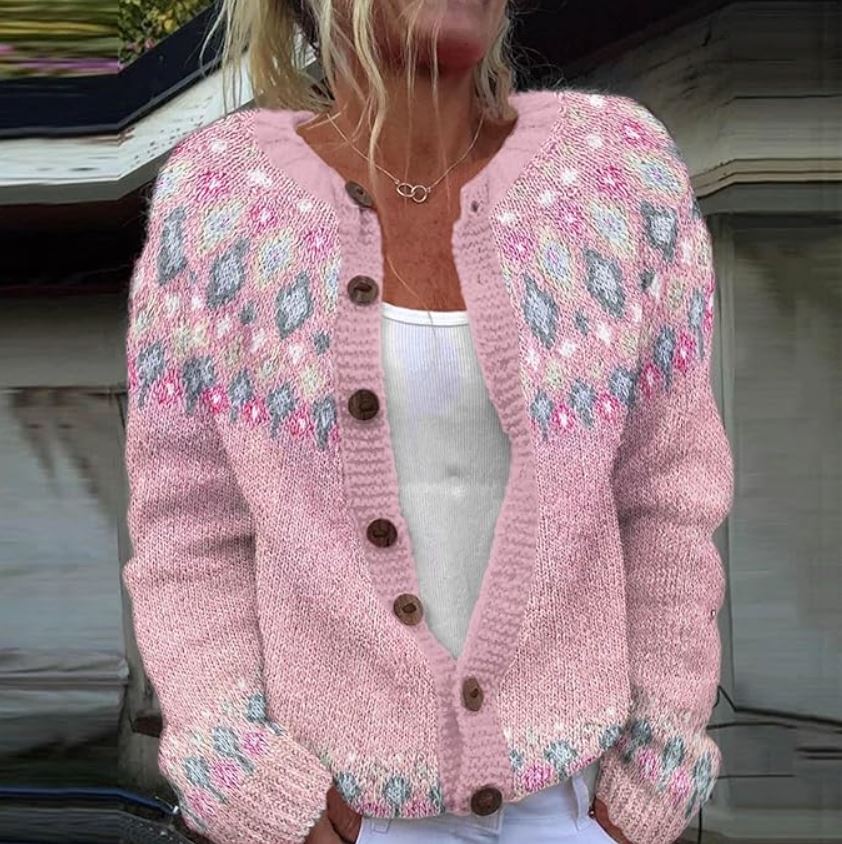 Cassey | Pink Loose Fitting Cardigan with Print